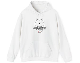 My Social Battery Is Drained cat illustration Hoodie | Introvert humor, low battery graphic
