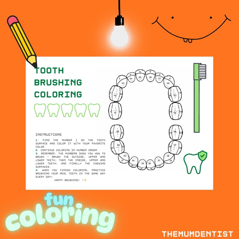 Tooth Brushing Coloring Sheet | Numbered Dental Hygiene Printable | Fun ...