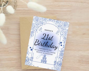 Może przedstawiać: Białe zaproszenie urodzinowe z niebieskimi kwiatowymi akcentami i napisem "21st Birthday Olivii". Karta zawiera szczegóły wydarzenia: 15 września 2025 r., godz. 19:00 oraz numer telefonu RSVP. Leży na brązowej kopercie.