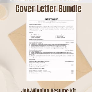 Op de afbeelding: Een professionele bundel met cv en sollicitatiebrief, met een voorbeeld-cv met ervaring, vaardigheden en opleiding. Het cv staat op een witte achtergrond met een bruine envelop. De tekst "Job-Winning Resume Kit" staat onderaan.