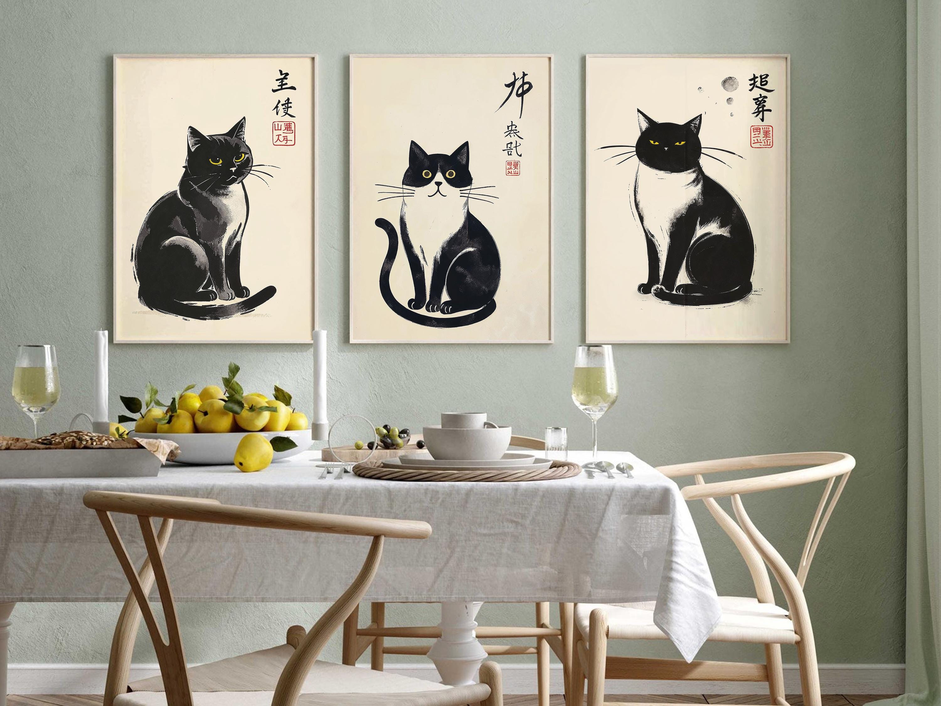 Set of 3 Japanese Black Cat Wall Art Print | Ukiyo Style Feline Art ...