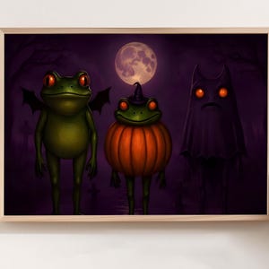 Cute Halloween Pumpkin Toad & Ghost Wall Poster, Quirky Frog in Pumpkin Costume, Witchy Fall Wall Art, Whimsical Farmhouse Wall Frame