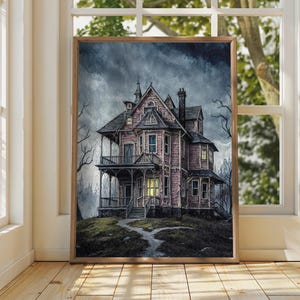 The Pink Palace Art Print from Coraline, Victorian Gouache Style Haunted Spooky Halloween House, Ghost Themed Horror Mystery Wall Painting