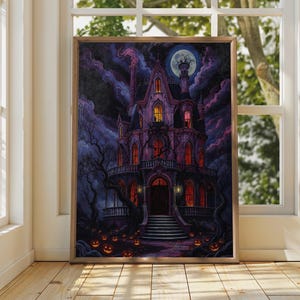 The Pink Palace Art Print from Coraline, Victorian Gouache Style Haunted Spooky Halloween House, Ghost Themed Horror Mystery Wall Painting