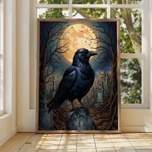 Gothic Raven Cemetery Art Poster | Moonlit Crow Wall Print | Halloween Spooky Decor | Dark Academia Whimsical Dorm Room Gift For Bird Lover