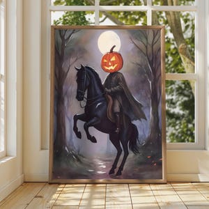 Headless Horseman Pumpkin Head Art | Sleepy Hollow Spooky Forest Poster | Moonlit Dark Academia Wall Decor Framed
