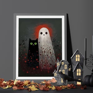 Cute Halloween Ghost with Cat Wall Art Print, Whimsical Gothic Ghost & Cat Poster, Mystic Black Cat Fall Home Décor, Witch in Wildflowers
