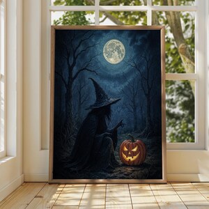 Dark Witch Pumpkin Halloween Art Print | Moonlit Forest Spooky Decor | Gothic Fantasy Framed Poster | October Wall Art