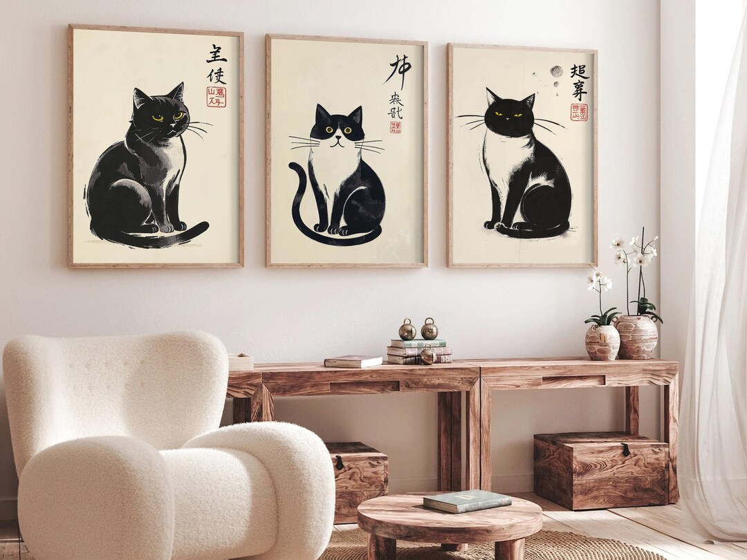 Set of 3 Japanese Black Cat Wall Art Print | Ukiyo Style Feline Art ...