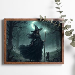 Dark Academia Witch With A Black Cat in Full Moon Witchy Wall Art Print, Fantasy Gothic Vintage Moody Wiccan Poster, Cottagecore Farmhouse