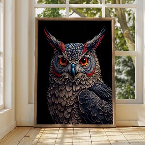 Mystical Owl Halloween Wall Art | Great Horned Owl Poster | Spooky Dark Forest Wildlife Home Decor Whimsical Dorm Room Aesthetic Print