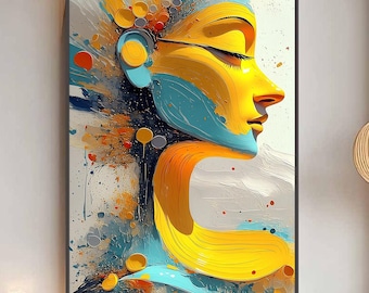 Abstract Buddha Painting Yellow Teal Gold Spiritual Canvas Modern Wall Art