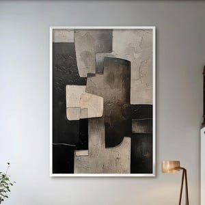 Abstract Neutral Geometric Oil Painting, Large Black Canvas Art, Modern Minimalist Wall Art, Grey Wabi-Sabi Painting, Luxury Office Decor