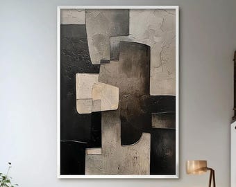 Abstrakcyjny geometryczny obraz olejny, czarno-biały szary obraz na płótnie, nowoczesny minimalistyczny wystrój