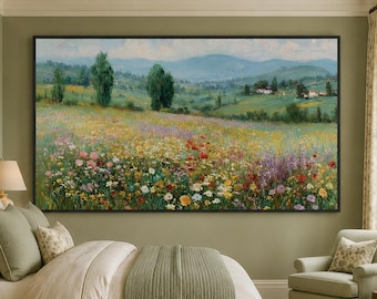 Original Oil Painting  Pink Cherry Blossom Meadow  Green Landscape Floral  Handmade Impasto Nature Art  Vertical Canvas Wall Art