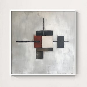 Modern Abstract Geometric Oil Painting, Large Textured Canvas Art, Neutral Tones Wall Art, Contemporary Wabi Sabi Style, Living Room Decor