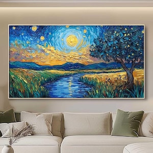 May include: An oil painting of a landscape featuring a river, a tree, and a colourful sky. The sky shifts from yellow to blue, with a bright yellow sun and stars. The tree has blue-green leaves, and the river mirrors the sky's hues.