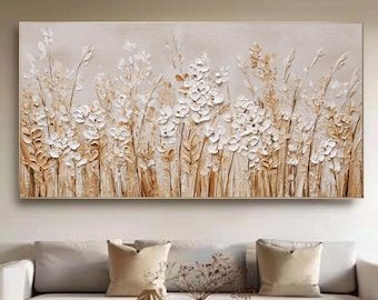 3D White Flower Impasto Painting, Textured Floral Canvas Art, Neutral Panoramic Decor