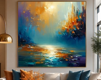 Abstract Sunset Ocean Original Oil Painting, Blue Gold Seascape Wall Art