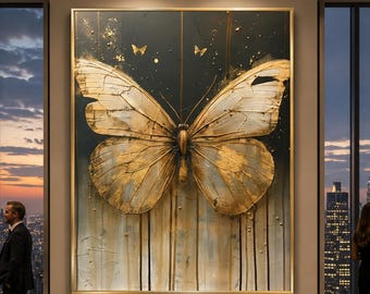 Gold Butterfly Painting Abstract Black Gold Wall Art Luxury Canvas Contemporary Insect Decor Glam