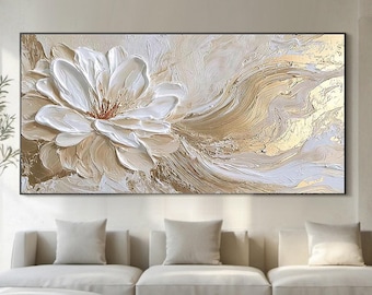Dipinto 3D con fiori bianchi e foglia d'oro, grande tela floreale astratta, moderna decorazione murale neutra per camera da letto e soggiorno.