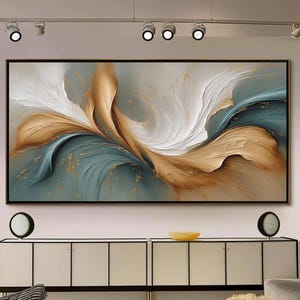 Quadro astratto dipinto a mano su tela, con vortici oro e verde acqua, elegante decorazione da parete.