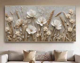Arte mural abstracto de flores 3D, arte mural floral blanco, pintura de flores silvestres texturizadas, campo de trigo con empasto neutro, arte panorámico grande para dormitorio