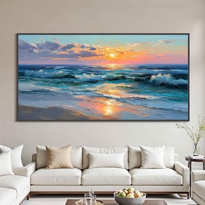 Textured Impasto Sunset Oil Painting, Ocean Waves, Coastal Wall Art