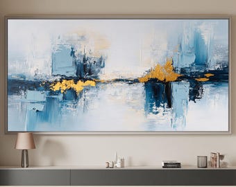 Abstract Blue Gold Oil Painting, Textured Palette Knife Canvas Art