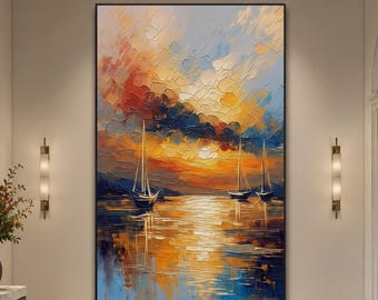 Sunset Sailboat Original Oil Painting, Textured Nautical Seascape Art
