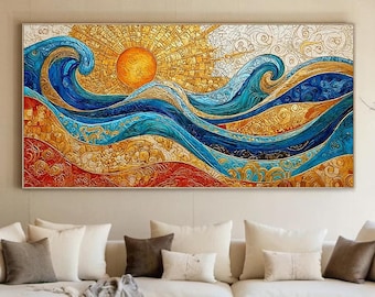 Original Oil Painting | Golden Sun Blue Waves | Mosaic Texture Abstract Ocean | Handmade 3D Impasto Art | Horizontal Wall Art