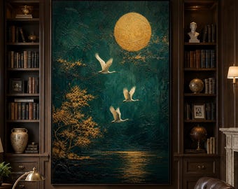 Original Oil Painting | Golden Moon Cranes Flight | Emerald Night Landscape | Handmade 3D Texture Art | Vertical Canvas Decor