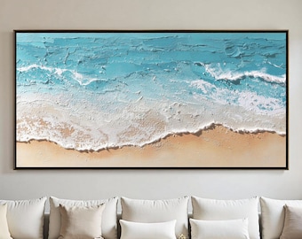 Hand-Painted Impasto Ocean Wave Oil Painting, Textured Turquoise Seascape Canvas Art