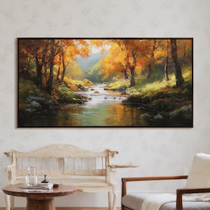 Original Autumn Forest Oil Painting, Stream Painting, Nature Scene Painting, Textured Art, Living Room Wall Decor