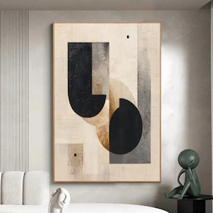 Modern Geometric Abstract Painting, Neutral Beige Black Canvas Art, Wabi-Sabi Wall Art, Minimalist Painting, Contemporary Home Decoration