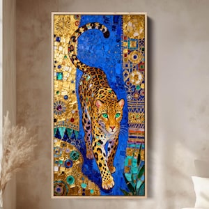 May include: Framed artwork of a leopard with green eyes, in a mosaic style. The background is a mix of gold and blue, with intricate patterns. The leopard is the focal point, walking forward. The artwork is rectangular.
