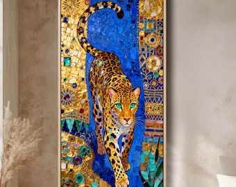May include: A framed artwork featuring a leopard with green eyes, depicted in a mosaic style. The background is a mix of gold and blue, with intricate patterns and textures. The leopard is the focal point, walking forward.