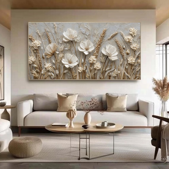 Abstract 3D Flower Wall Art, White Floral Wall Art, Textured Wildflower Painting,Neutral Impasto Wheat Field,Large Panoramic Art for Bedroom
