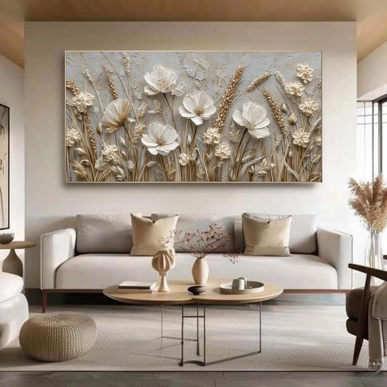 Abstract 3D Flower Wall Art, White Floral Wall Art, Textured Wildflower Painting,Neutral Impasto Wheat Field,Large Panoramic Art for Bedroom