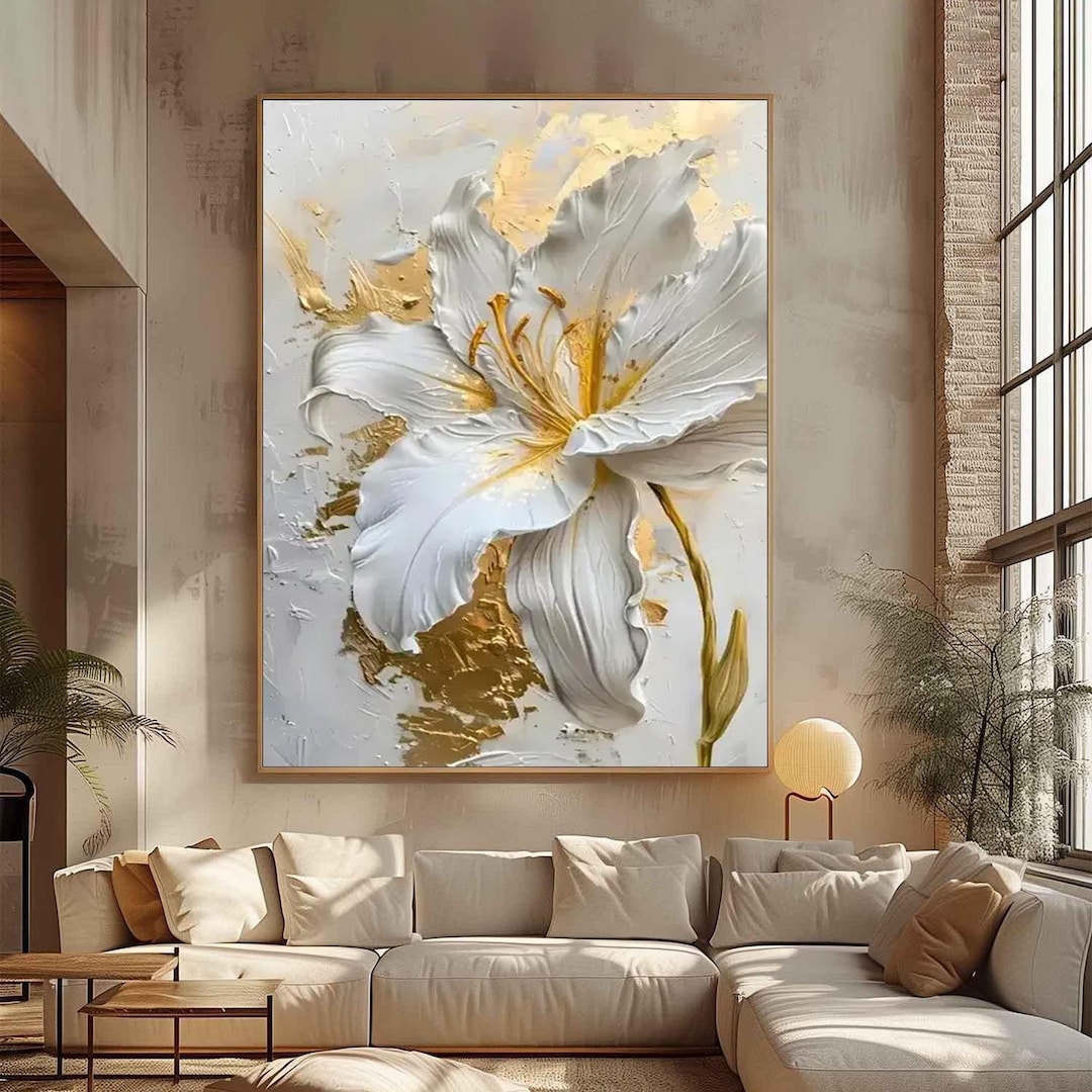 Impasto White Lily Painting Gold Leaf Textured Floral Canvas Elegant ...