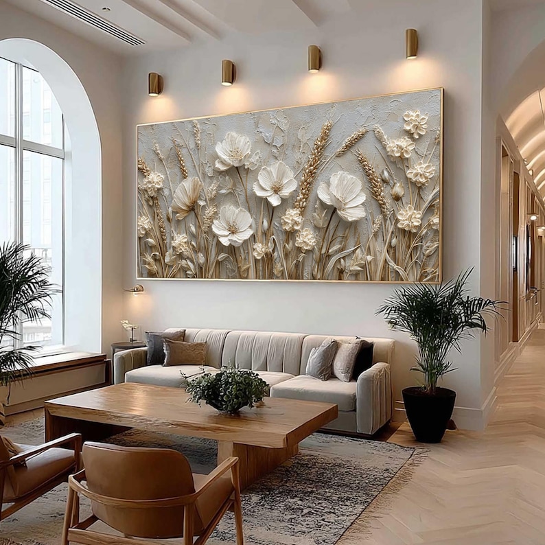 Abstract 3D Flower Wall Art, White Floral Wall Art, Textured Wildflower Painting,Neutral Impasto Wheat Field,Large Panoramic Art for Bedroom