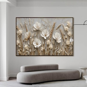 Abstract 3D Flower Wall Art, White Floral Wall Art, Textured Wildflower Painting,Neutral Impasto Wheat Field,Large Panoramic Art for Bedroom