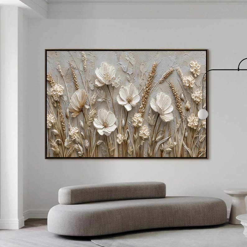 Abstract 3D Flower Wall Art, White Floral Wall Art, Textured Wildflower Painting,Neutral Impasto Wheat Field,Large Panoramic Art for Bedroom