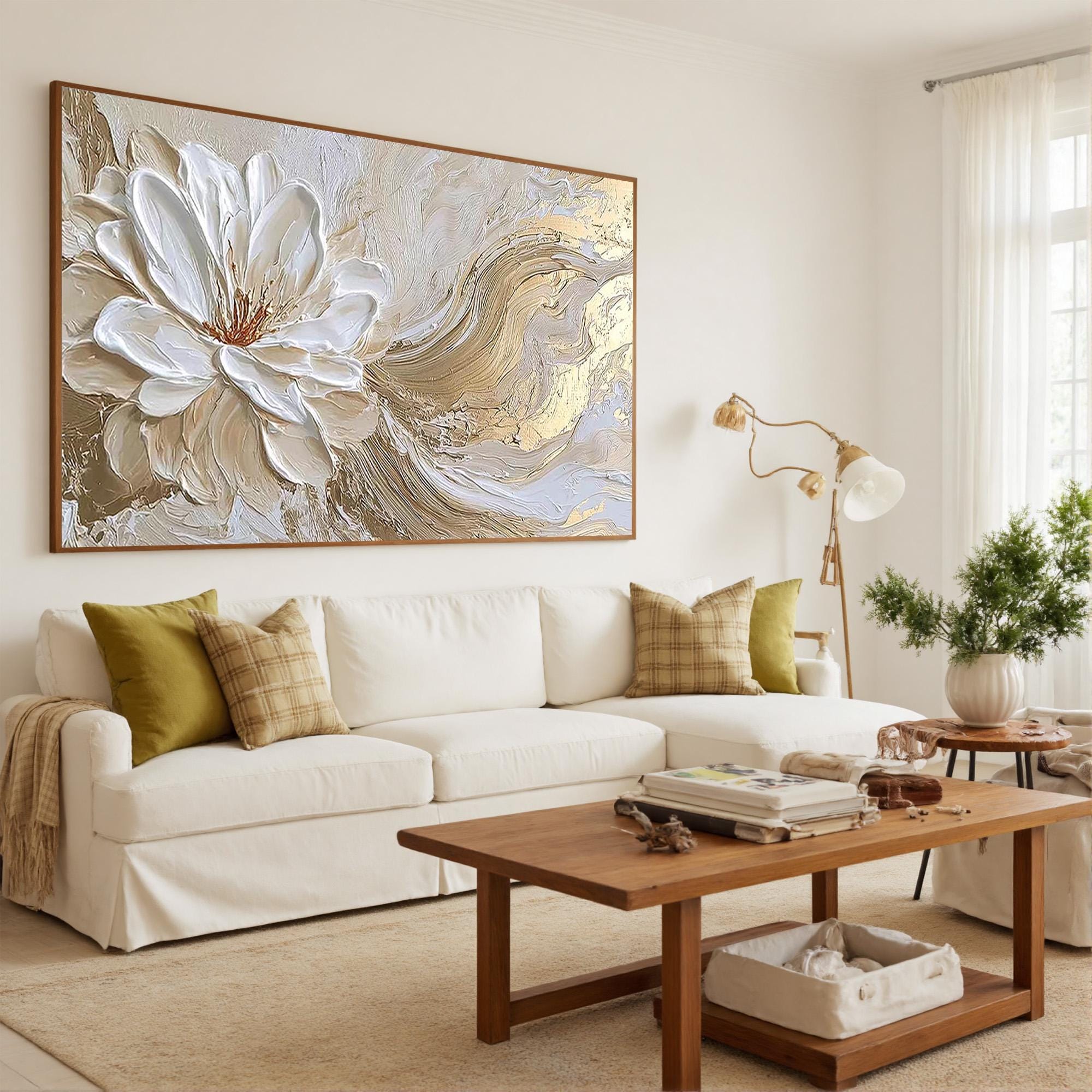 3D White Flower Painting Gold Leaf Textured Wall Art, Large Abstract ...
