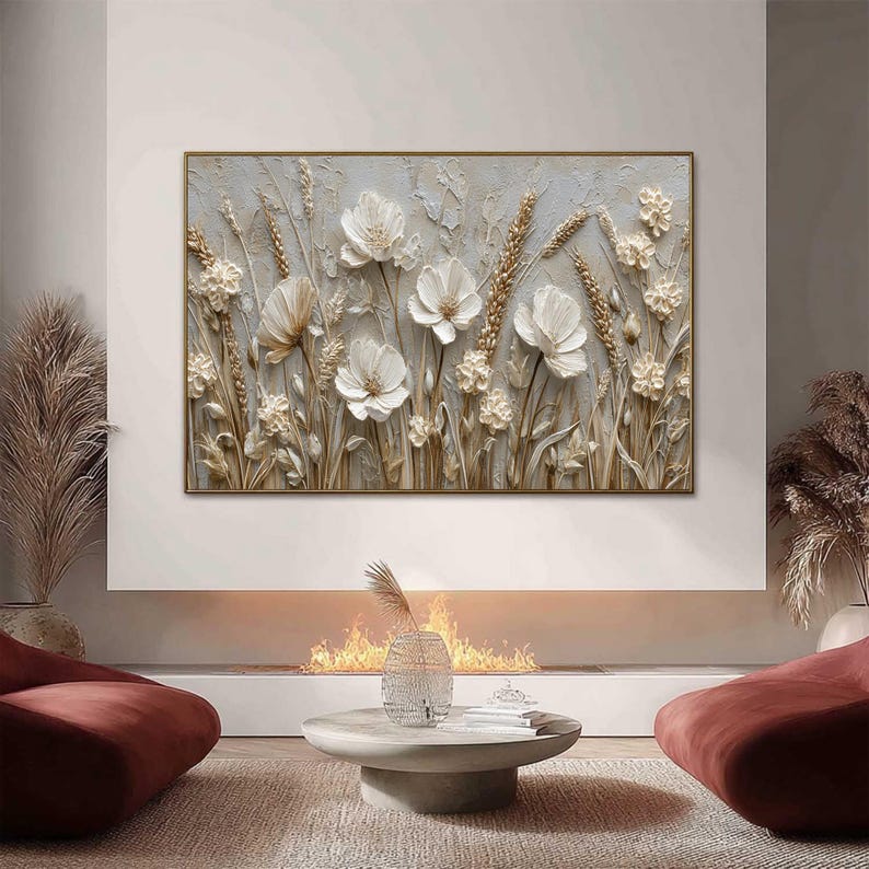 Abstract 3D Flower Wall Art, White Floral Wall Art, Textured Wildflower Painting,Neutral Impasto Wheat Field,Large Panoramic Art for Bedroom