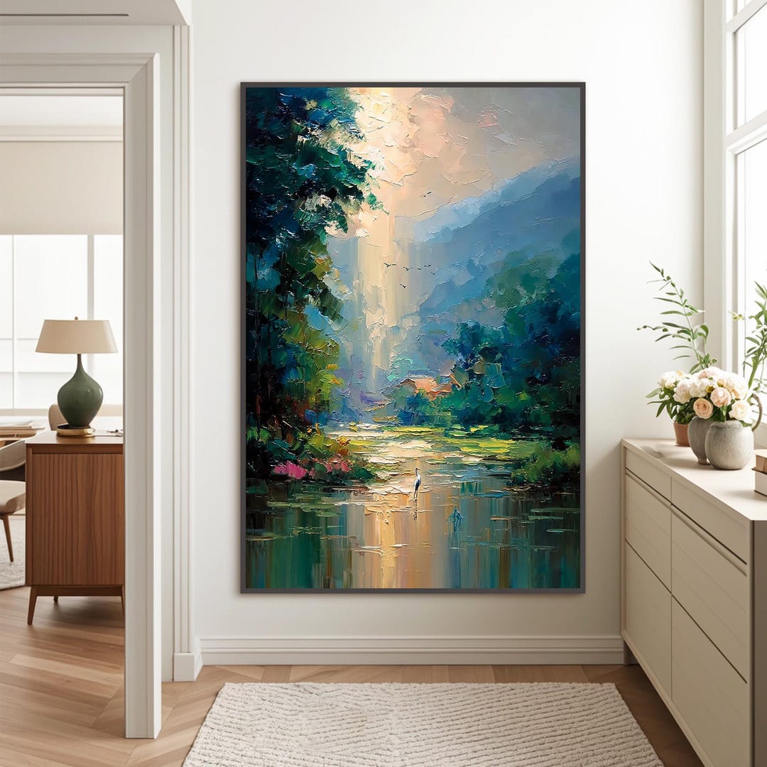 Impasto Forest Path Oil Painting | Textured Teal Woodland Landscape ...