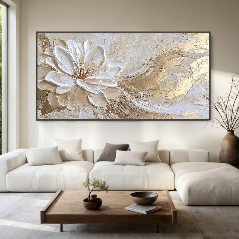 3D White Flower Painting Gold Leaf Textured Wall Art, Large Abstract ...