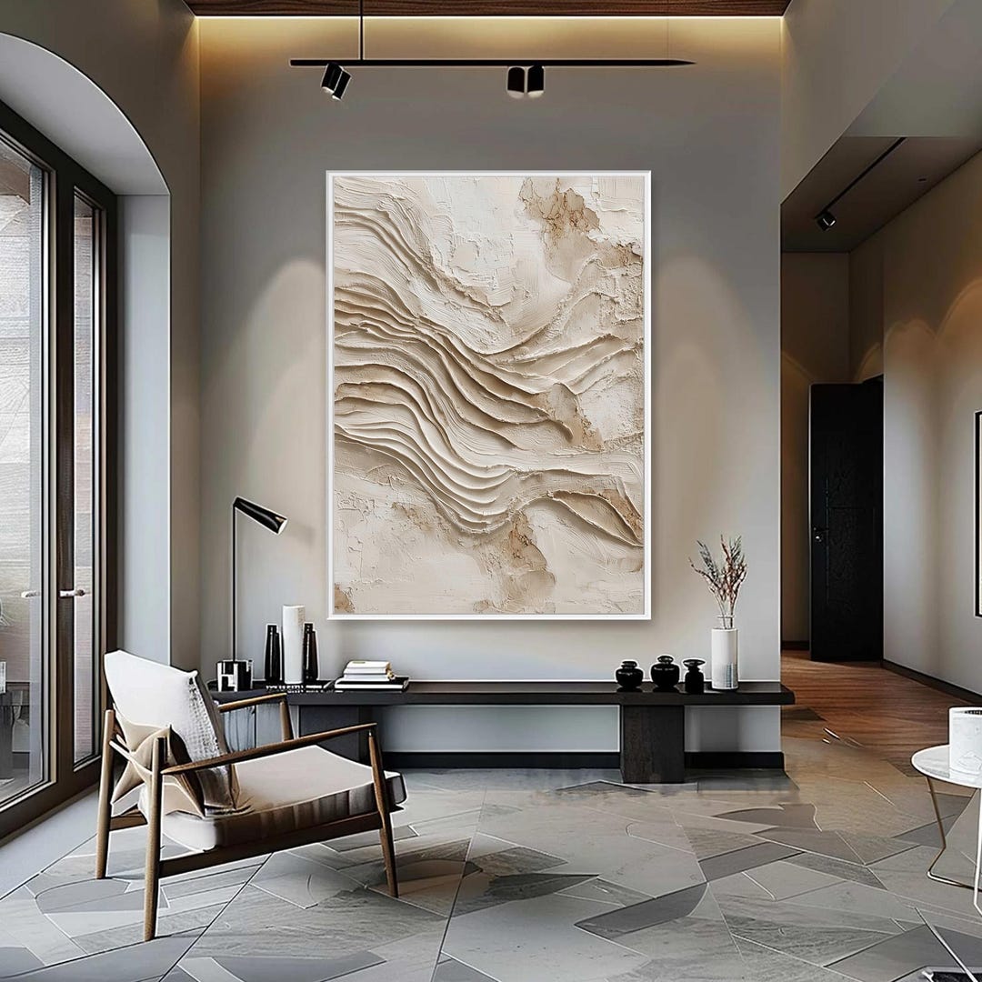 Peinture à l'huile abstraite texturée, art de strates ondulées neutres ...