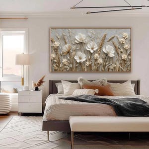 Abstract 3D Flower Wall Art, White Floral Wall Art, Textured Wildflower Painting,Neutral Impasto Wheat Field,Large Panoramic Art for Bedroom