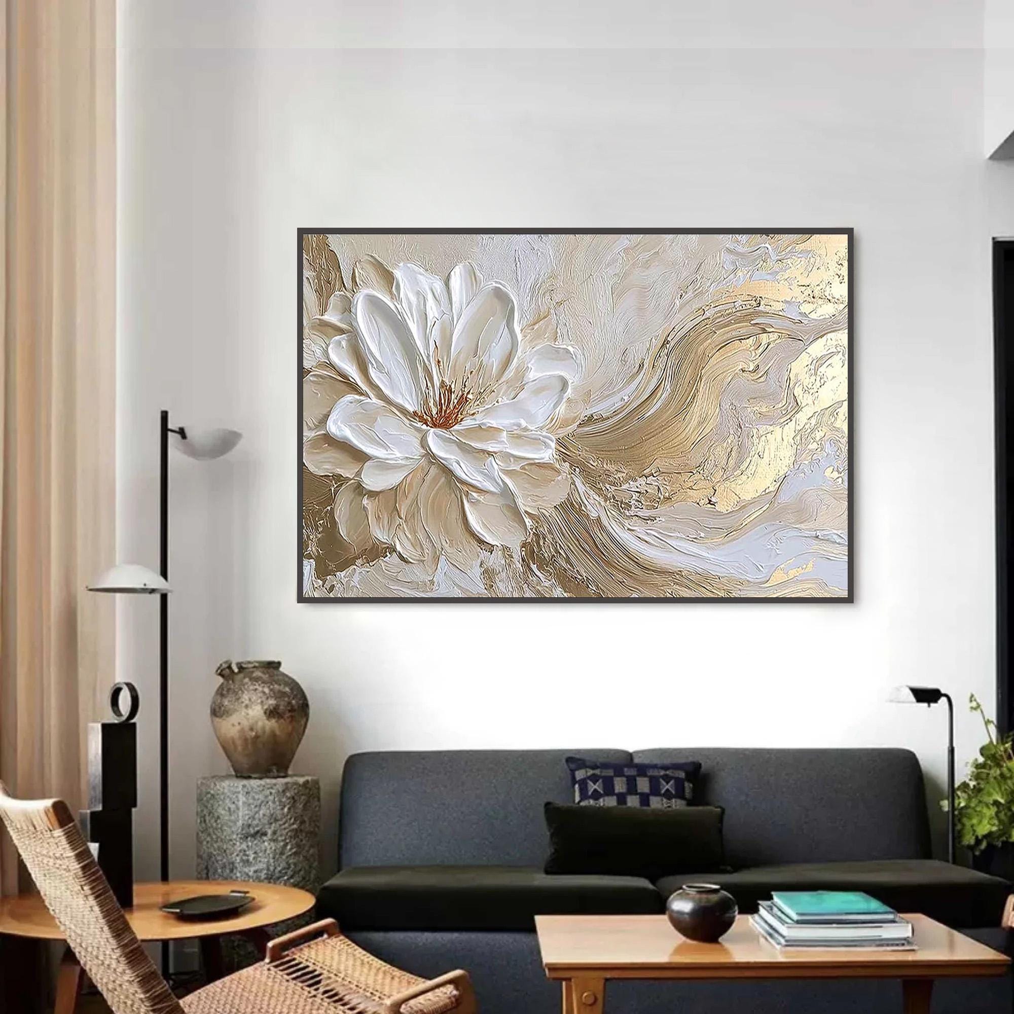 3D White Flower Painting Gold Leaf Textured Wall Art, Large Abstract ...